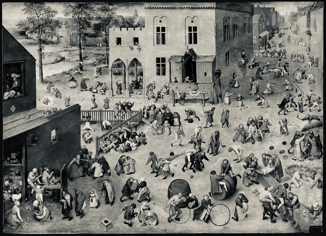 Pieter Bruegel the Elder, Children's Games: a town square seen from above, crowded with dozens of small groups of children, each absorbed in a different game.